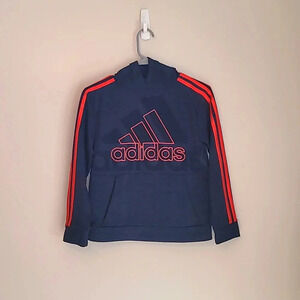 Adidas Boys 10/12 hoodie sweater blue with orange writing and stripes LOT I